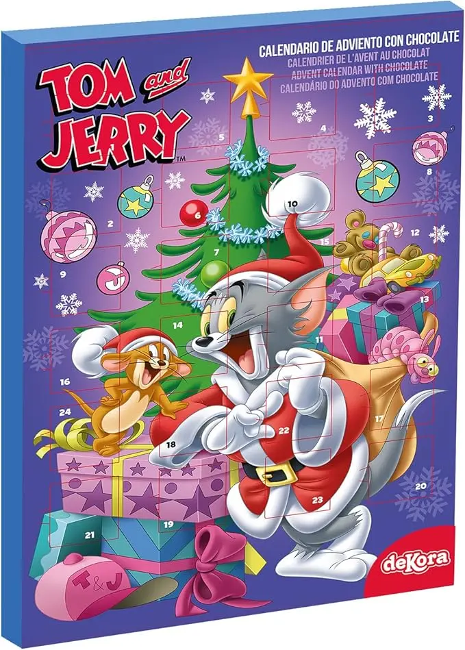 Dekora Calendario de Adviento Infantil de Tom y Jerry, 50g. La cuenta atrás más divertida para la Navidad con 24 chocolatinas de chocolate con leche sin gluten.