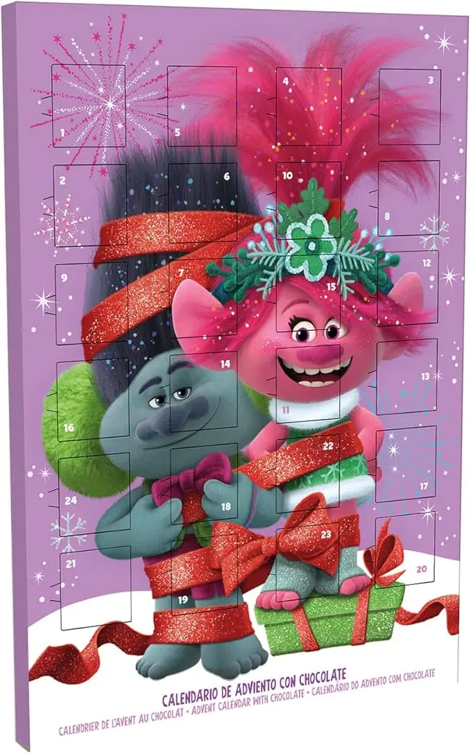Dekora Calendario de Adviento Infantil de Trolls, 50g. Una cuenta atrás llena de color y música con Poppy, Branch y 24 deliciosas chocolatinas de chocolate con leche sin gluten.