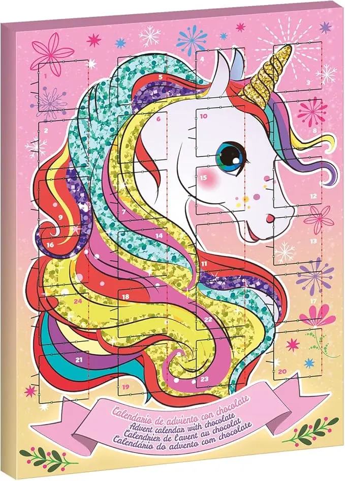 Dekora Calendario de Adviento Infantil de Unicornio, 50g. Un calendario navideño de fantasía con 24 deliciosas chocolatinas de chocolate con leche sin gluten.