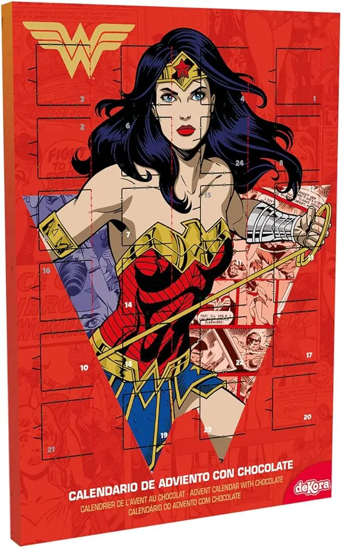 Dekora Calendario de Adviento Infantil de Wonder Woman, 50g. Una cuenta atrás heroica para la Navidad con la superheroína de DC Comics y 24 chocolatinas sin gluten.