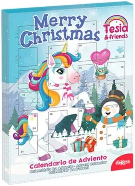 Dekora Calendario de Adviento Infantil Unicornio TESIA, 50g. Una mágica cuenta atrás para la Navidad con 24 deliciosas chocolatinas de chocolate con leche sin gluten.