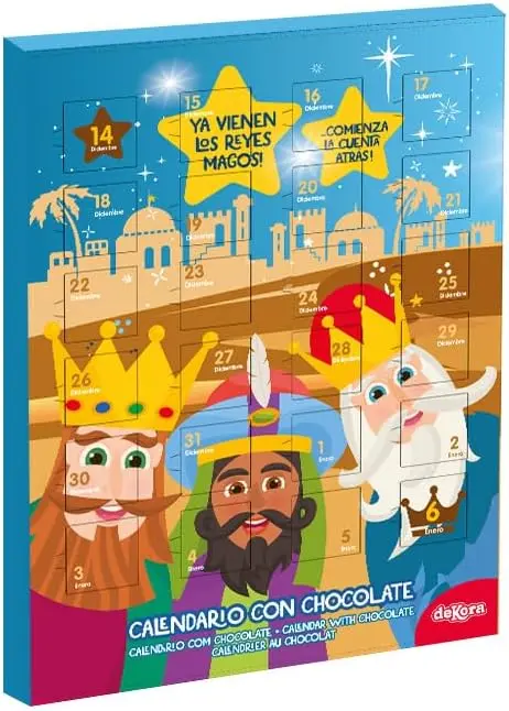 Dekora Calendario de Adviento "Llegan los Reyes Magos", 50g. Una cuenta atrás tradicional con 24 deliciosas chocolatinas de chocolate con leche sin gluten.