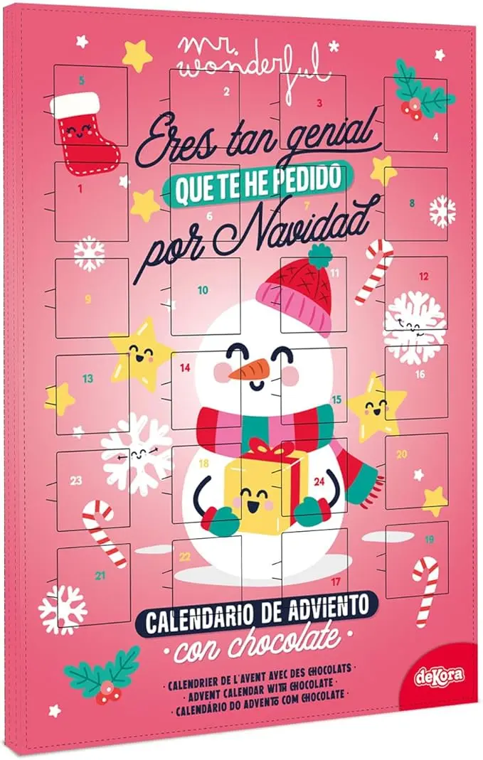 Dekora Calendario de Adviento Mr. Wonderful, 50g. Una cuenta atrás para la Navidad con 24 chocolatinas, mensajes positivos y el diseño más genial y divertido.
