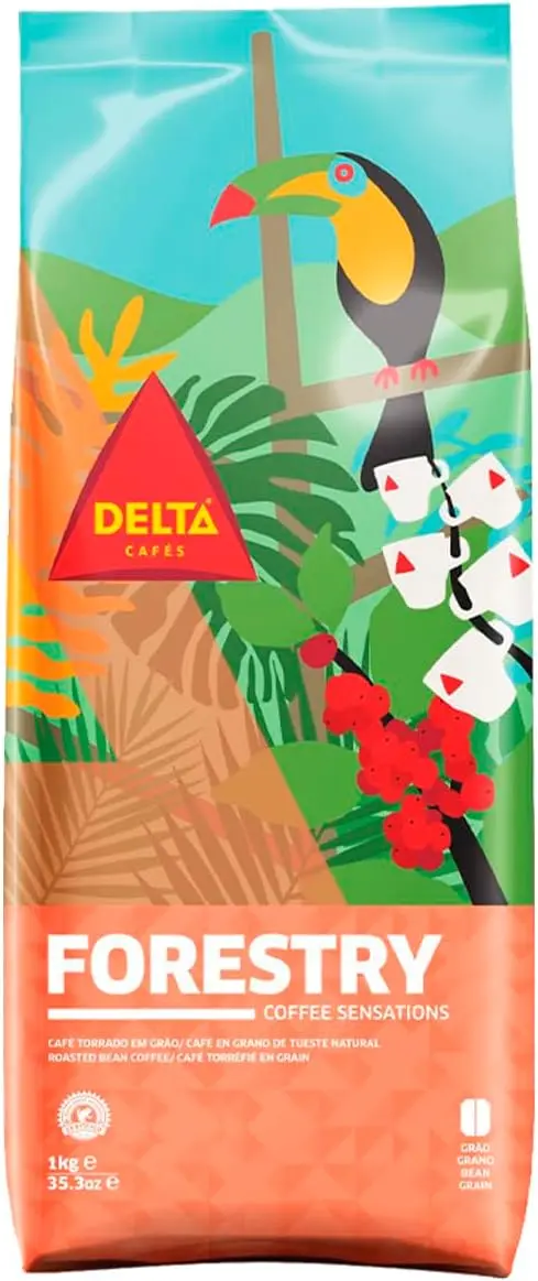 Delta Cafés Forestry, café en grano de tueste natural 1Kg. Blend de Arábica y Robusta de África con intensidad 12, notas de chocolate y especias, y certificado Rainforest Alliance.