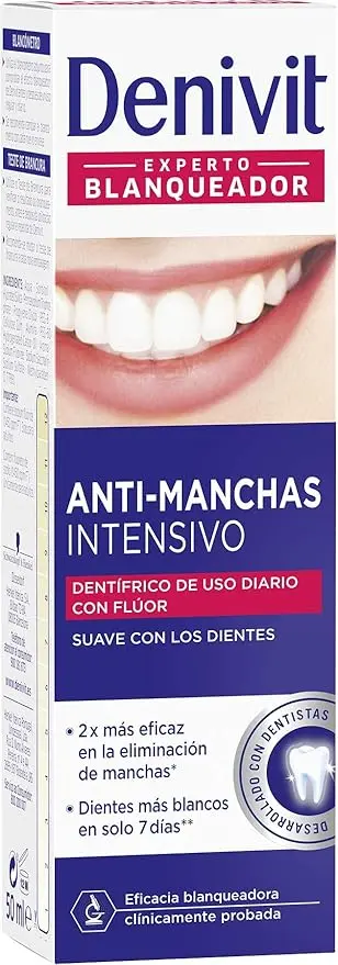 Denivit Dentífrico Anti-Manchas Intensivo, Pack de 12 tubos de 50ml (Total 600ml). Una pasta de dientes blanqueadora profesional para eliminar manchas y recuperar el blanco natural.