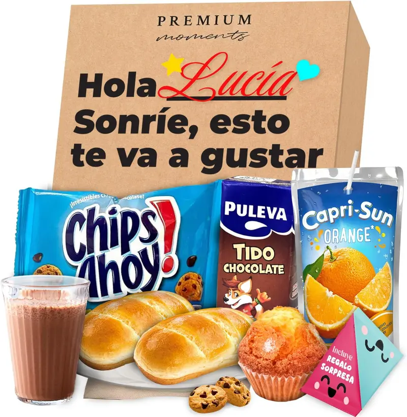 Desayuno Sorpresa a Domicilio "Caja Sonrisas" de Premium Moments. Un regalo original y personalizable con bollitos, zumo, batido y un amuleto sorpresa coleccionable.