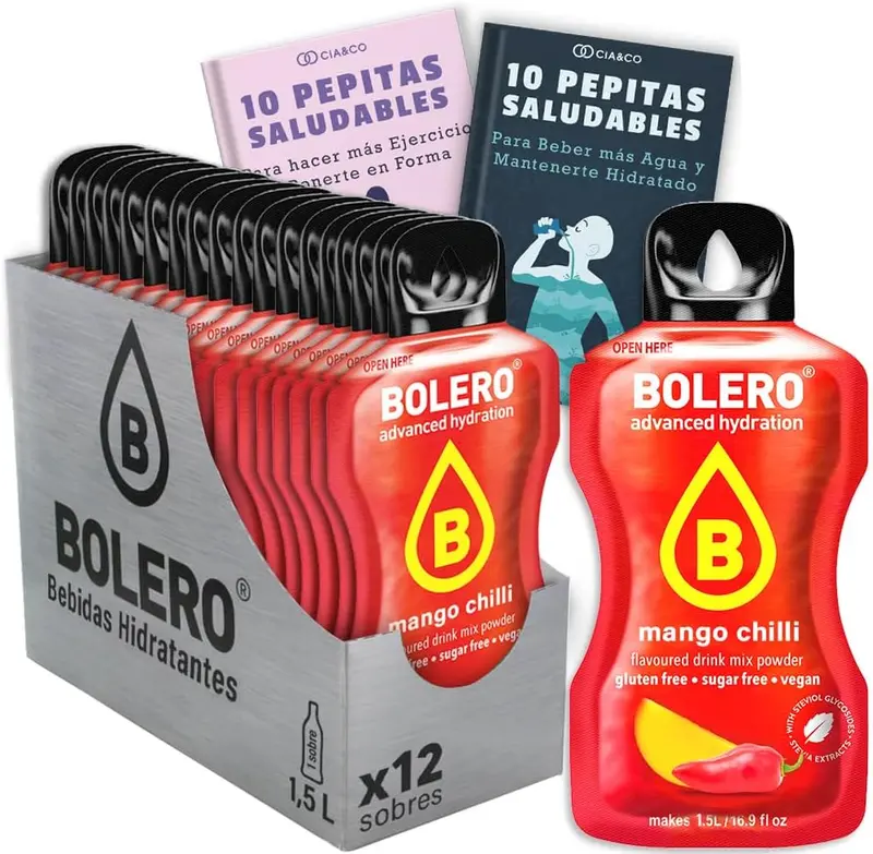 Descubre el exótico sabor a Mango Picante con este práctico pack de 12 sobres de Bebida Bolero sin azúcar. Incluye 20 Pepitas Saludables para potenciar tu bienestar.