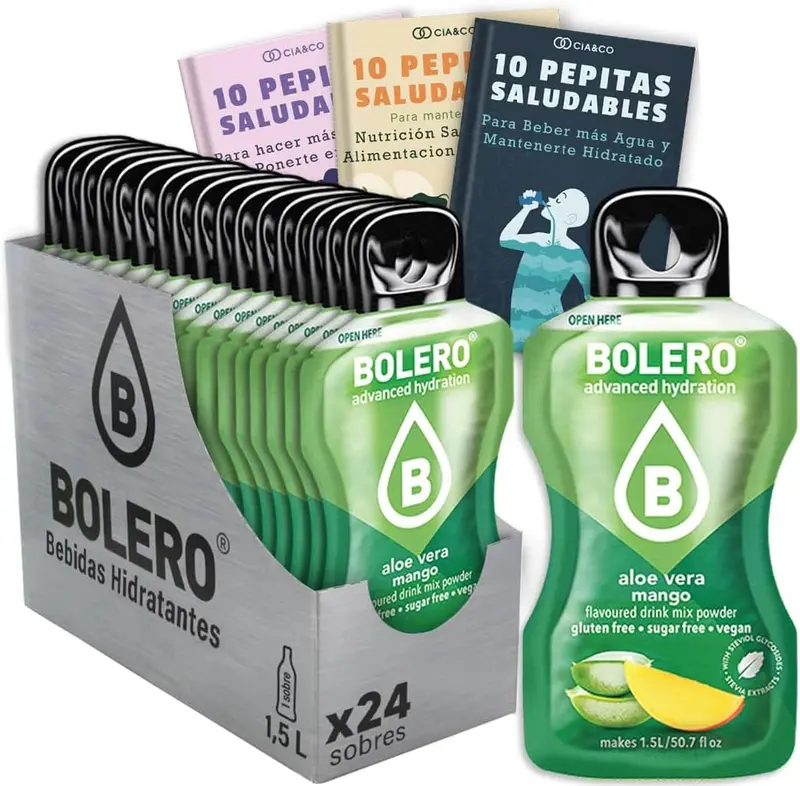 Descubre la fusión tropical perfecta con el pack de 24 sobres de bebida Bolero sabor Aloe Vera Mango. Una opción sin azúcar que te cuida. Incluye 30 Pepitas Saludables Cia&Co.