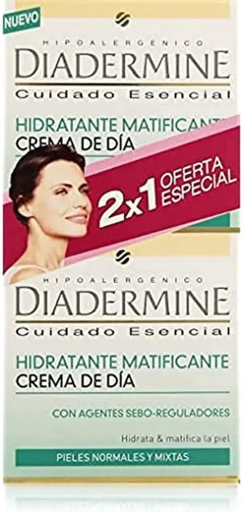 Diadermine Crema de Día Hidratante Matificante, set de 2x50 ml. Ideal para pieles normales a mixtas, controla los brillos, minimiza los poros y proporciona hidratación equilibrada y duradera.