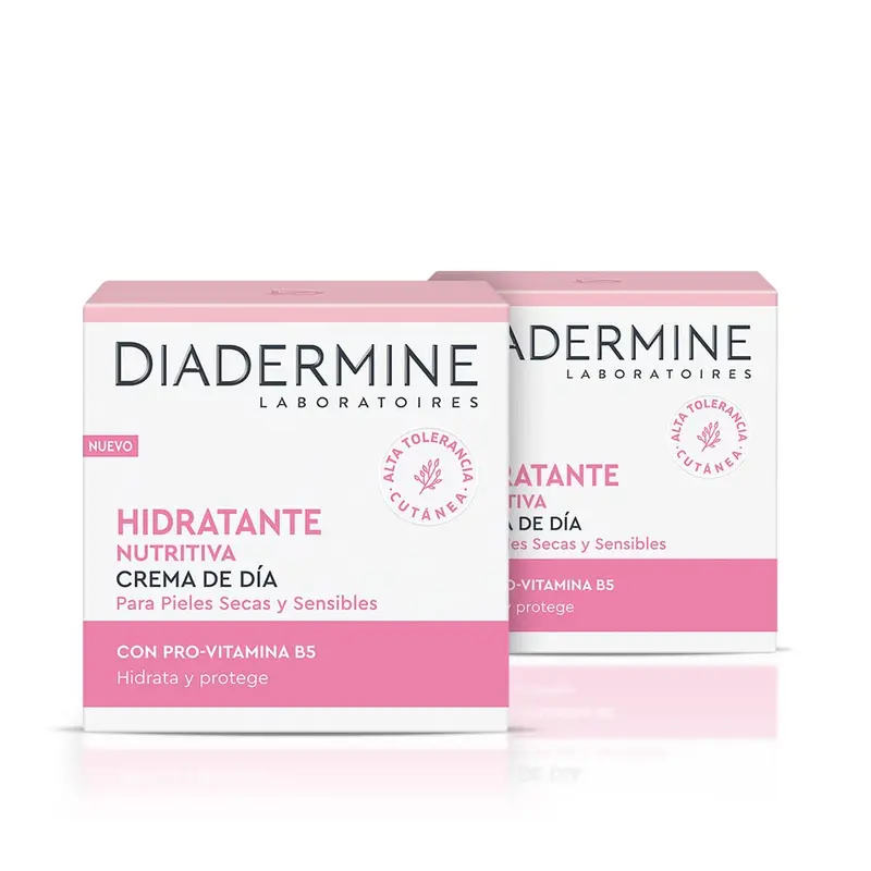 Diadermine Crema de Día Hidratante Nutritiva, pack de 2x50ml. Fórmula especializada para pieles secas y sensibles con Provitamina B5 que protege, nutre y suaviza intensamente tu cutis.