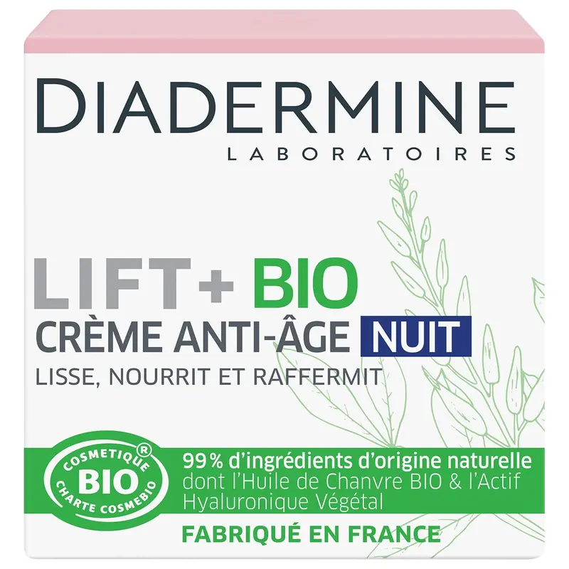 Diadermine Lift+ Crema de Noche Bio Anti-Edad, 50ml. Con Aceite de Cannabis Bio y Hialurón Vegetal para nutrir, alisar, reafirmar e hidratar la piel mientras duermes para un rostro regenerado.