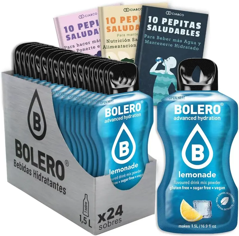 Disfruta del clásico sabor a Limonada con este pack de 24 sobres de bebida Bolero. Una opción hidratante, sin azúcar y deliciosa. Incluye 30 Pepitas Saludables de Cia&Co.