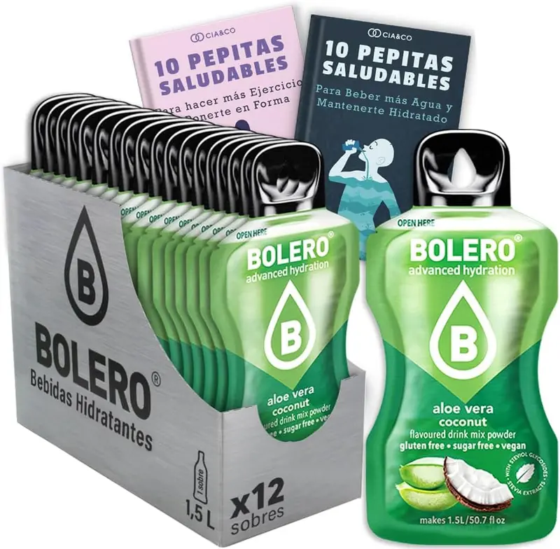Disfruta del paraíso con este pack de 12 sobres de bebida Bolero sabor Aloe Vera Coco. Una forma deliciosa y sin azúcar de hidratarte. Incluye 20 Pepitas Saludables Cia&Co.
