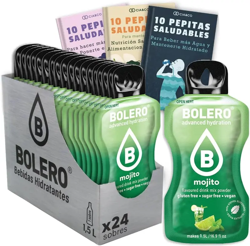 Disfruta del refrescante sabor a Mojito en cualquier momento con este pack de 24 sobres de Bebida Bolero sin azúcar. Incluye 30 Pepitas Saludables para un estilo de vida activo.