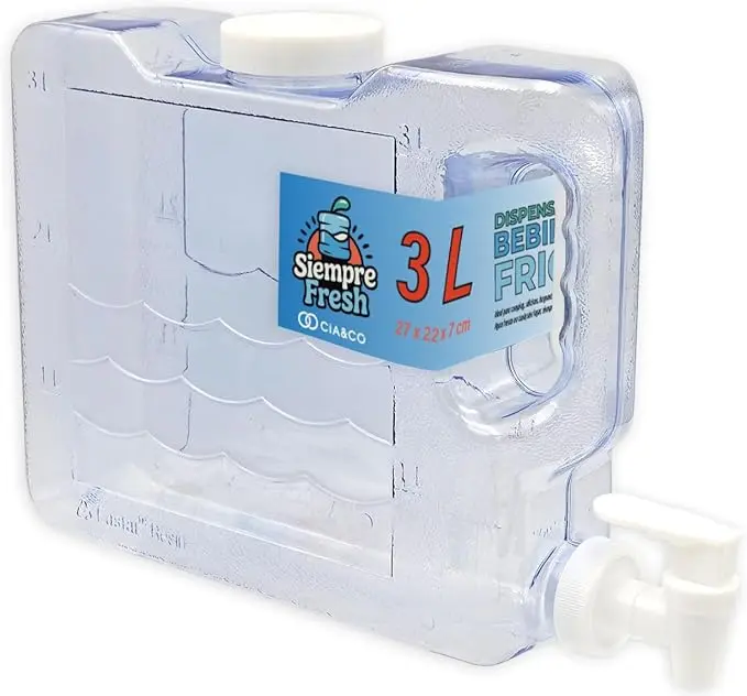 Dispensador de Agua Fría para Nevera 3L Siempre Fresh by Cia&Co. Garrafa compacta con grifo, asa y tapón superior, reutilizable, sin BPA, ideal para casa, camping, oficina y playa.
