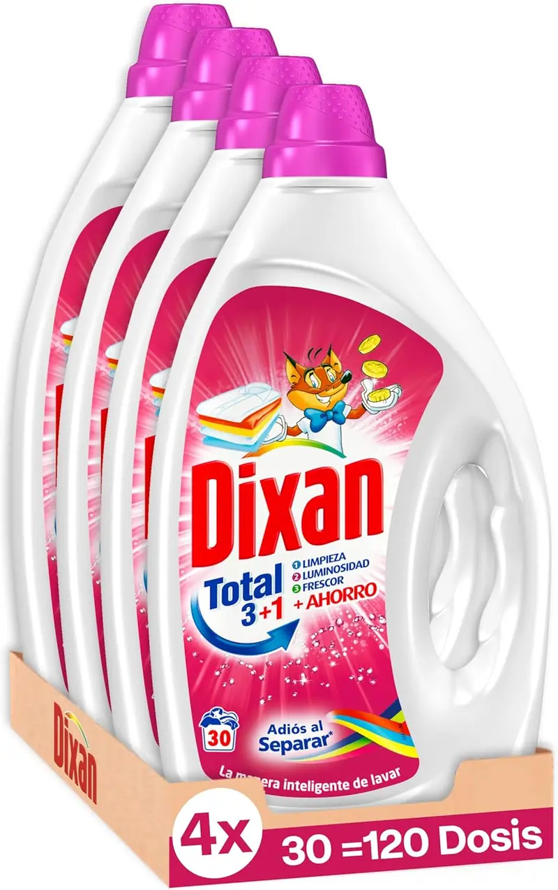 Dixan Gel Adiós al Separar Total 3+1, pack de 4 detergentes líquidos para lavadora (120 lavados). Fórmula antitransferencia de colores para ropa de color, limpieza profunda y frescor.