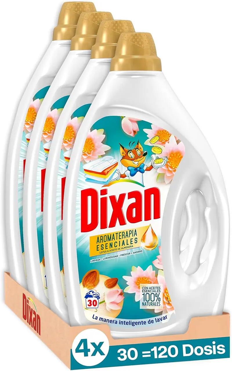 Dixan Gel Aromaterapia Loto y Aceite de Almendras, pack de 4 detergentes líquidos (120 lavados). Jabón para ropa blanca y de color con aceites esenciales 100% naturales.