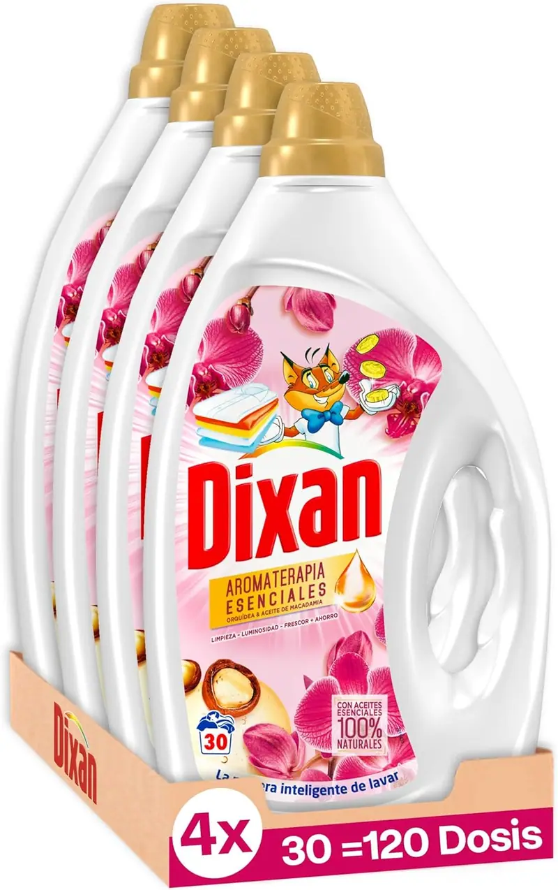 Dixan Gel Aromaterapia Orquídea y Aceite de Macadamia, pack de 4 detergentes (120 lavados). Jabón líquido con aceites esenciales 100% naturales para ropa blanca y de color.