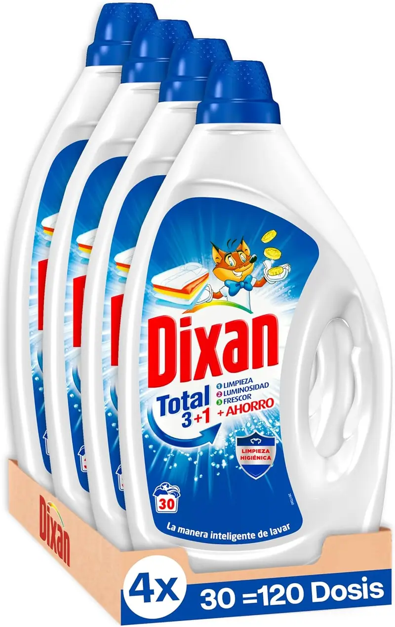 Dixan Gel Total 3+1, detergente líquido para lavadora, pack de 4 envases (120 lavados). Jabón para ropa blanca y clara que asegura limpieza, luminosidad y frescor duradero.