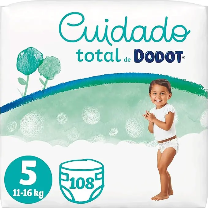 Dodot Pañales Bebé Cuidado Total Talla 5 (11-16 kg), 108 Pañales. Confort y protección natural con materiales de origen vegetal, sin aditivos y hasta 12h de sequedad para bebés activos.