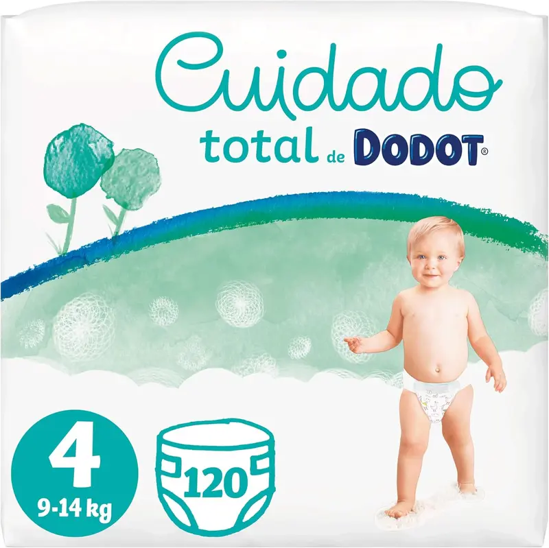 Dodot Pañales Cuidado Total Talla 4 (9-14 kg), 120 Pañales. Protección superior con materiales de origen vegetal, algodón premium y una fórmula pura para la piel sensible de tu bebé.