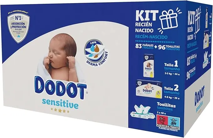 Dodot Sensitive Kit de Bienvenida para Recién Nacido. Incluye 44 pañales Talla 1, 39 pañales Talla 2 y 96 toallitas Aqua Pure. El regalo perfecto para el cuidado inicial del bebé.