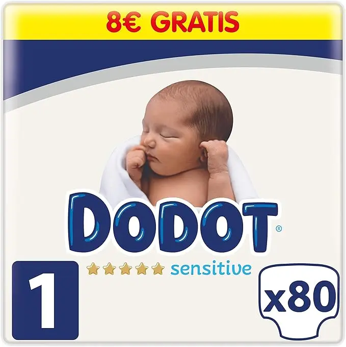 Dodot Sensitive Pañales Talla 1 (2-5 kg), Pack 80 Unidades. Protección superior para la piel del recién nacido, con suavidad de pluma, capa absorbente Cora-soft y corte umbilical.