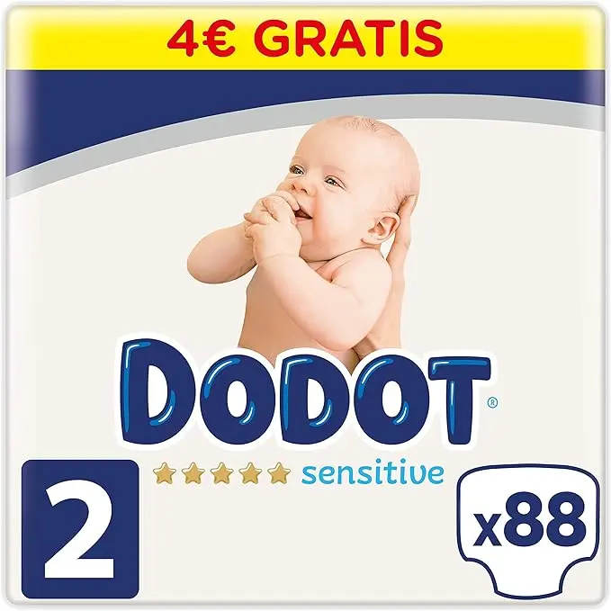 Dodot Sensitive Pañales Talla 2 (4-8 Kg), Pack de 92 Unidades. Con tubos ultra-absorbentes, suavidad de seda y máxima protección para la piel sensible de tu bebé en crecimiento.