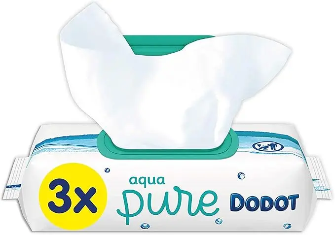 Dodot Toallitas Aqua Pure para Bebé, elaboradas con 99% de Agua y Algodón Orgánico. Pack de 3 paquetes, 144 toallitas en total, para una limpieza delicada y pura desde el primer día.