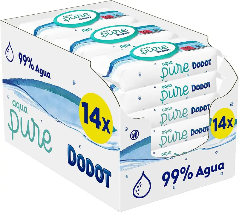 Dodot Toallitas para Bebé Aqua Pure, 672 unidades (14 paquetes x 48). Elaboradas con 99% de agua y algodón premium para la limpieza más pura y delicada de la piel del recién nacido.