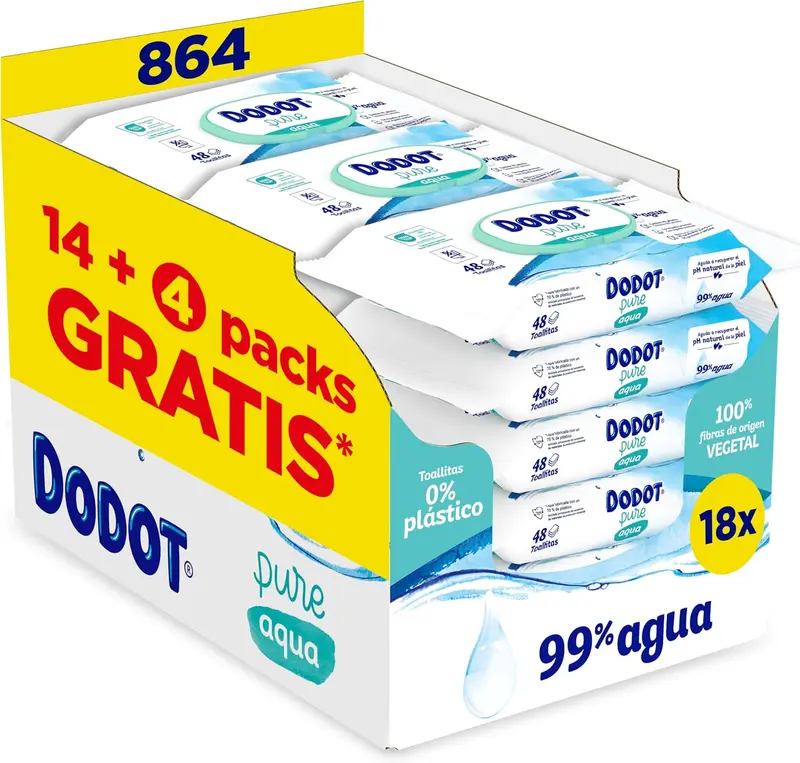 Dodot Toallitas Pure Aqua para Bebé, pack de 864 toallitas (18 paquetes de 48). Fórmula con 99% de agua que ayuda a restaurar el pH natural de la piel. Sin plástico y sin perfume.