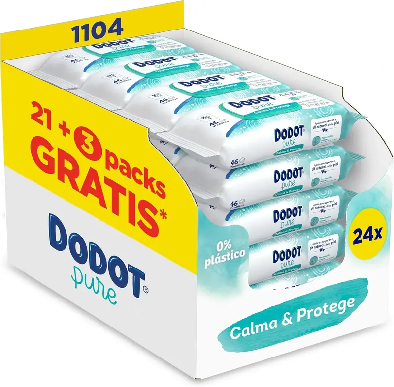 Dodot Toallitas Pure Calma & Protege para Bebé, Mega Pack de 1104 Toallitas (24x46). Fórmula con aloe vera que restaura el pH, 99% agua y sin plástico para el cuidado más puro.