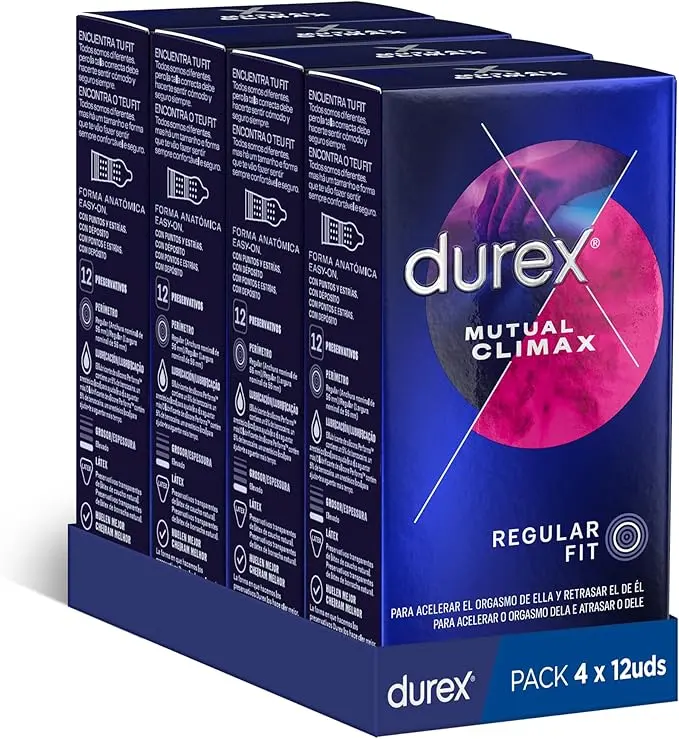 Durex Preservativos Mutual Climax, pack ahorro de 48 condones (4x12). Diseñados con puntos, estrías y lubricante retardante para un clímax simultáneo y una experiencia superior.