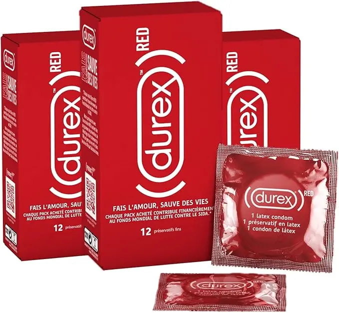 Durex Red Preservativos Finos, Pack de 36 Unidades (3 Cajas de 12). Disfruta de una mayor sensibilidad y sensaciones más intensas con la calidad y seguridad de la marca número 1 del mundo.