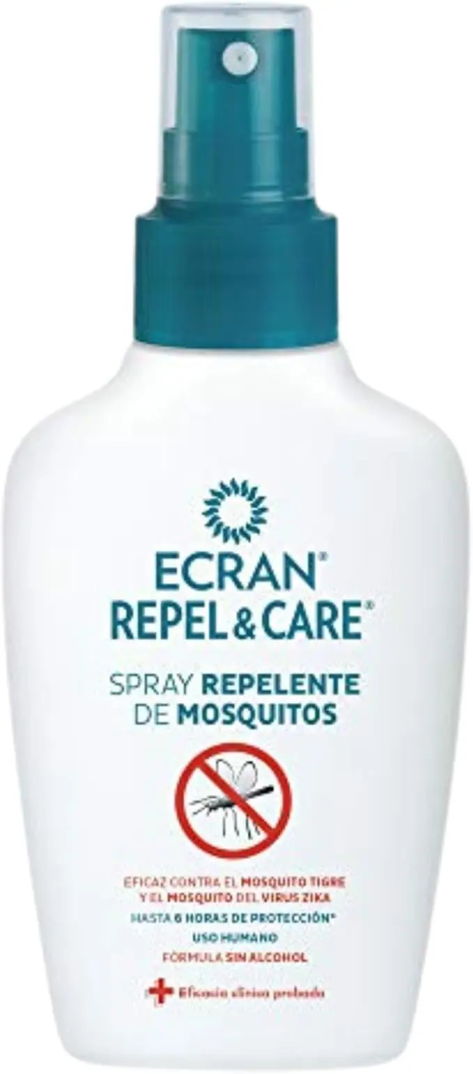 Ecran Repel Care Spray Repelente de Mosquitos, 100ml. Fórmula sin alcohol que protege a toda la familia de las picaduras hasta 6 horas. Eficaz contra el mosquito tigre y la mosca negra.