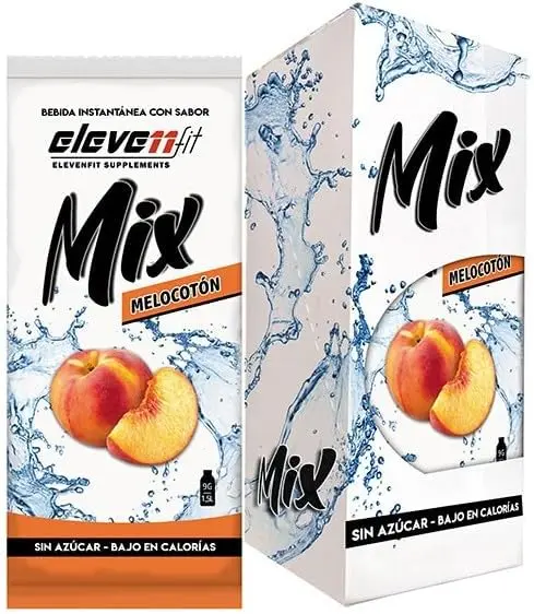 Eleven Fit Mix Bebida en polvo sabor Melocotón, Caja con 12 sobres sin azúcar. La mezcla instantánea perfecta para preparar una bebida refrescante, baja en calorías y con sabor a fruta.