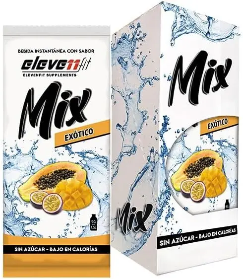 Eleven Fit Mix Bebida instantánea en polvo sabor Exótico, Caja con 12 sobres sin azúcar. Mezcla baja en calorías para dar un toque de sabor único a tu agua y mejorar tu hidratación.