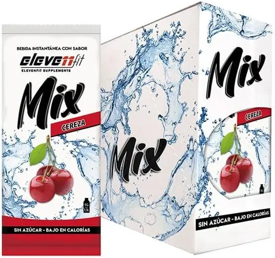 Eleven Fit Mix Bebida Instantánea Sabor Cereza, Caja de 24 Sobres. Disfruta de un refresco intenso y jugoso, sin azúcar, bajo en calorías y perfecto para hidratarte y usar en tus postres.