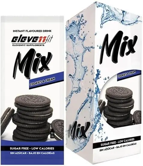 Eleven Fit Mix Bebida Instantánea Sabor Cookies & Cream, Caja de 12 Sobres. Disfruta de tu helado favorito en una bebida sin azúcar, ideal para batidos cremosos y postres saludables.