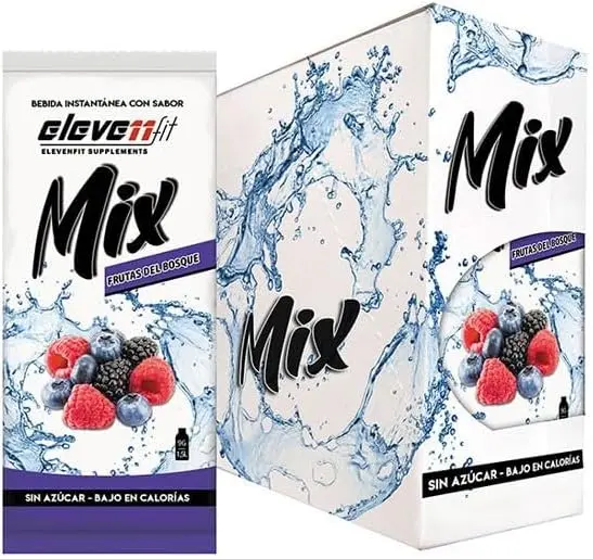 Eleven Fit Mix Bebida Instantánea sabor Frutas del Bosque, Caja de 24 sobres sin azúcar. Mezcla en polvo baja en calorías, ideal para una hidratación saludable y llena de sabor.