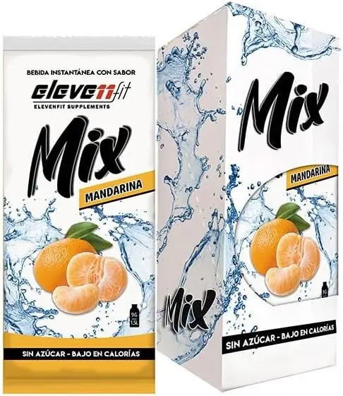Eleven Fit Mix Bebida Instantánea sabor Mandarina, Caja de 12 sobres sin azúcar. Formato en polvo bajo en calorías, perfecto para dar sabor al agua y disfrutar de una bebida saludable.
