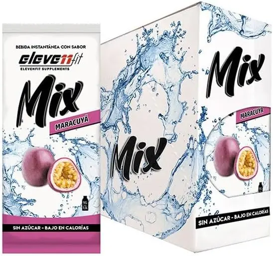 Eleven Fit Mix Bebida Instantánea Sabor Maracuyá, Caja de 24 Sobres. El sabor más exótico de la fruta de la pasión en una bebida sin azúcar, baja en calorías y llena de matices tropicales.