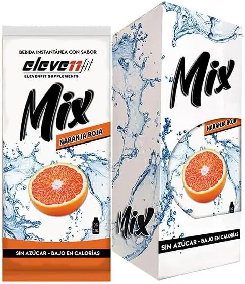 Eleven Fit Mix Bebida Instantánea Sabor Naranja Roja, Caja de 12 Sobres. Refresco en polvo sin azúcar y bajo en calorías para preparar 18 litros de una bebida cítrica y deliciosa.