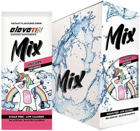 Eleven Fit Mix Bebida Instantánea Sabor Unicornio, Caja de 24 Sobres. Disfruta de una bebida mágica sin azúcar, baja en calorías y llena de sabor, ideal para hidratarte y para tus postres.