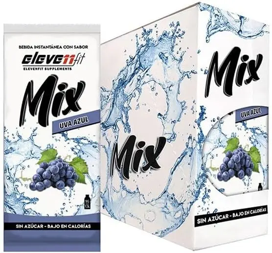 Eleven Fit Mix Bebida Instantánea Sabor Uva Azul, Caja de 24 Sobres. Disfruta de un sabor intenso y misterioso en una bebida sin azúcar, baja en calorías y con un color que te sorprenderá.