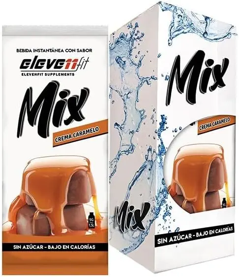 Eleven Fit Mix Bebida Sabor Crema de Caramelo, Caja de 12 Sobres. El sirope perfecto sin azúcar para tus cafés, postres y batidos. Disfruta de un toque dulce y cremoso sin calorías.