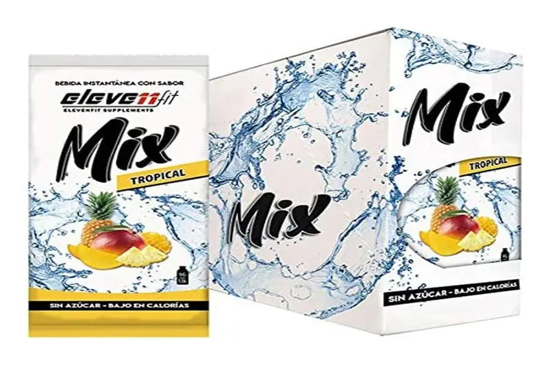 ElevenFit Mix Bebida Instantánea en Polvo Sabor Tropical, Caja con 24 sobres sin azúcar. La mezcla perfecta para una hidratación exótica, sin calorías y llena de sabor a frutas.