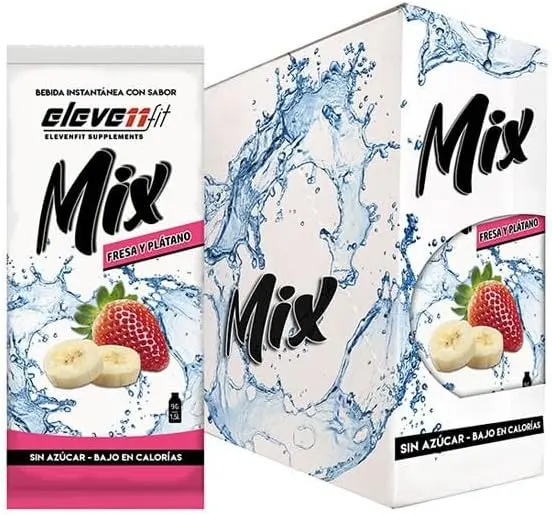 ElevenFit Mix Bebida Instantánea sabor Fresa y Plátano, Caja de 24 sobres sin azúcar. Preparado en polvo bajo en calorías y carbohidratos, ideal para dietas y una hidratación saludable.