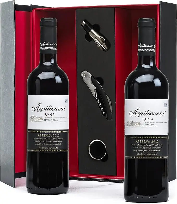 Estuche de Lujo con Vino Azpilicueta Reserva y Accesorios. El regalo perfecto para los amantes del buen vino, con un Rioja Reserva de prestigio y un set de 3 accesorios en un elegante estuche.