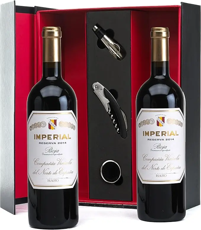 Estuche de Lujo con Vino Rioja Imperial Reserva de CVNE. Un regalo gourmet con una botella de vino emblemático, un set de 3 accesorios y tarjeta personalizada.